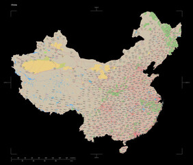China shape isolated on black. OSM Topographic standard style map