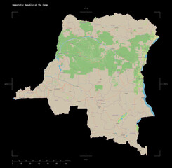 Democratic Republic of the Congo shape isolated on black. OSM Topographic standard style map