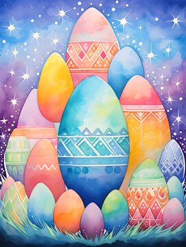 Vibrant Neon Easter Eggs with Geometric Shapes and a Galactic Backdrop in a Watercolor Reimagination of Festive Traditions