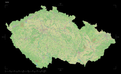 Czechia shape isolated on black. OSM Topographic standard style map