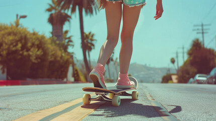 Young cool teen woman. Teenager hipster in California rides skateboard boardwalk. Girl skater skate...