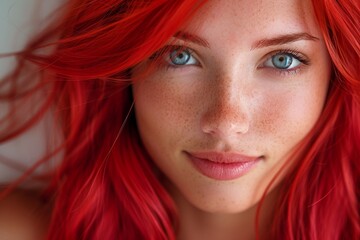 Fototapeta premium A striking beauty portrait featuring a young woman with vibrant red hair impeccable makeup and style