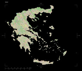 Greece shape isolated on black. OSM Topographic standard style map