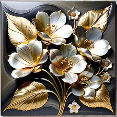 High-quality artwork mother-of-pearl silver white lacquerware and gold a flower with meticulous design by devoid of shine.(Generative AI) 