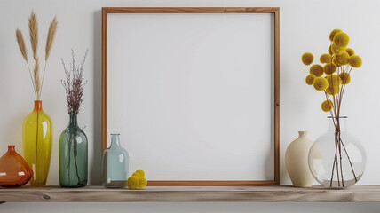 A mockup of an empty light wood picture frame sitting on a white shelf, surrounded by colorful vases and dainty wild flowers in a minimalistic style with neutral tones - obrazy, fototapety, plakaty
