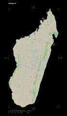 Madagascar shape isolated on black. OSM Topographic standard style map
