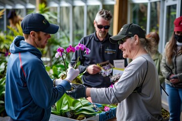 employee giving free orchid seedlings to tour attendees