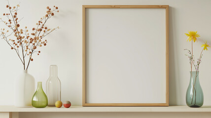 A mockup of an empty light wood picture frame sitting on a white shelf, surrounded by colorful vases and dainty wild flowers in a minimalistic style with neutral tones