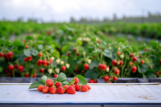 table with a strawberry patch in background