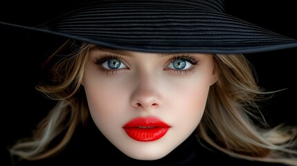 A vintage inspired portrait of romantic glamorous lady with red lips and a hat