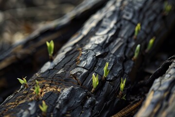 closeup of a fallen, burnt log with shoots of green