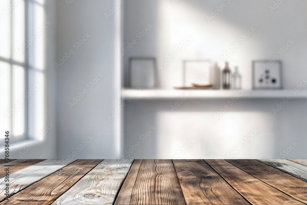 Aufkleber minimalist wall shelf decor with rustic charm in a bright room with wooden table and soft natural li