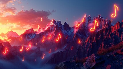 Abstract neon background with glowing musical note marks and rocky mountains in a fantastical landscape - obrazy, fototapety, plakaty
