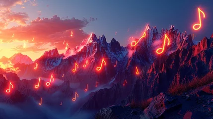 Foto op Canvas Abstract neon background with glowing musical note marks and rocky mountains in a fantastical landscape © charunwit
