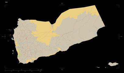 Yemen shape isolated on black. OSM Topographic standard style map