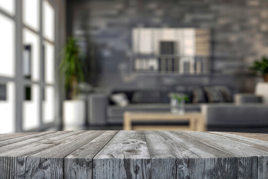 Rustic wooden table with blurred contemporary living room and stone wall background. High quality photo