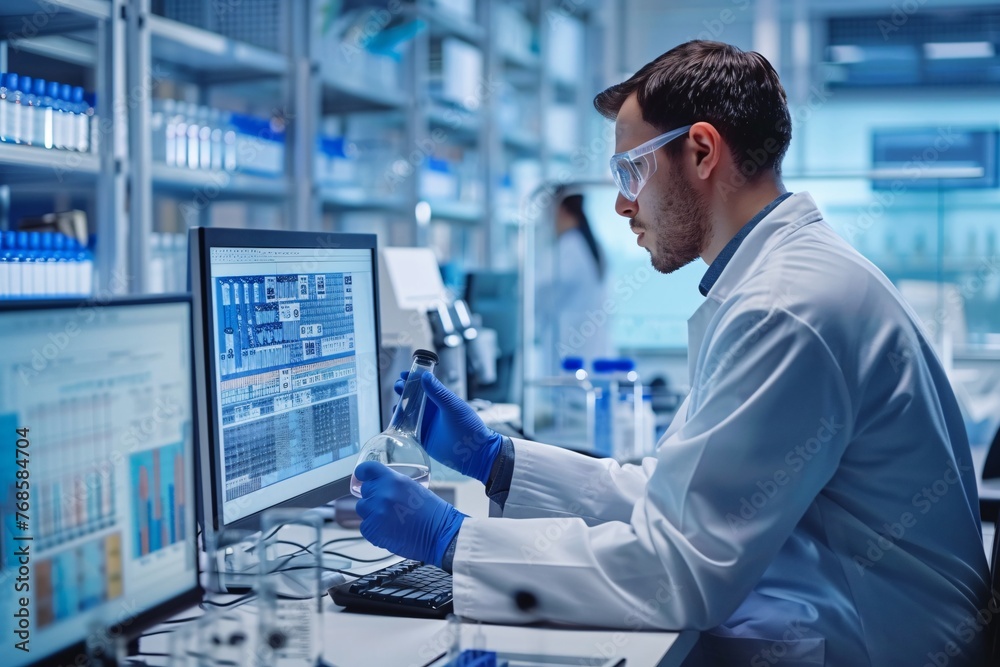 Wall mural a pharmaceutical scientist is conducting tests and recording all the tests on a powerful computer in