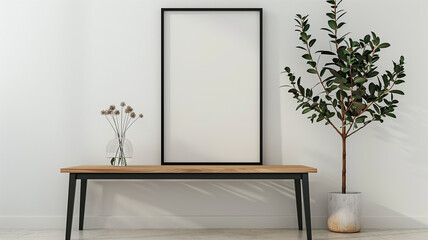 A black picture frame with a blank white canvas on the wall above a table, a vase of flowers, a simple and clean background, in a minimalist style