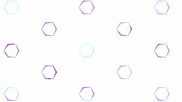 Animated retro pattern of hexagonal shapes. Looped zoom and unzoom moving light blue and purple hexagons on white background. Geometric minimal backdrop. Polygonal grid, honeycomb elements structure
