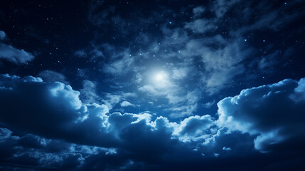 Dark natural background with clouds. Moon in the midnight dark blue sky - obrazy, fototapety, plakaty