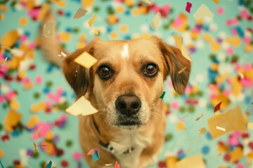 dog with a guilty stare, surrounded by confettilike paper scraps - obrazy, fototapety, plakaty
