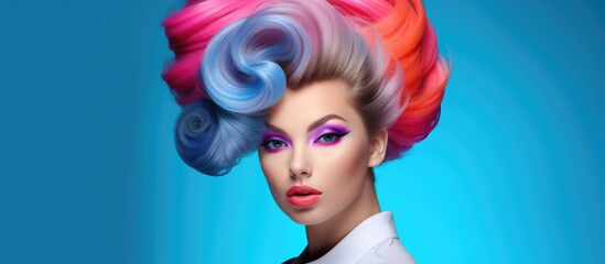 A woman with vibrant, colorful hair and bold, stylish makeup stands out against a bright blue background. Her striking appearance catches the eye with a mix of different shades and tones.