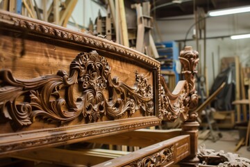 handcarved wooden bed frame with detailed headboard in a workshop - obrazy, fototapety, plakaty