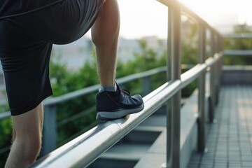 jogger pausing to stretch, foot on a metal handrail - obrazy, fototapety, plakaty