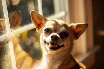 chihuahua in a sunny window, smiling with squinted eyes - obrazy, fototapety, plakaty