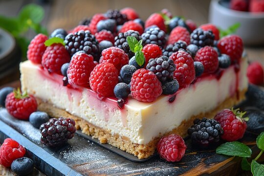 Close up creamy cheesecake slice vibrant berry topping macro detail