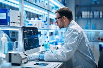 A pharmaceutical scientist is conducting tests and recording all the tests on a powerful computer in a science laboratory, ai generative