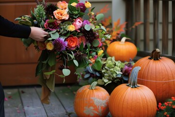 Fototapeta na wymiar person arranging a floral centerpiece by a pumpkin display