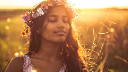 young female model with flower crown swaying to the music, his eyes closed in pure bliss