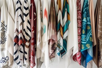 hijabs with geometric designs hanging orderly on a wallmounted rack