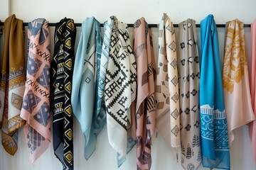 hijabs with geometric designs hanging orderly on a wallmounted rack - obrazy, fototapety, plakaty