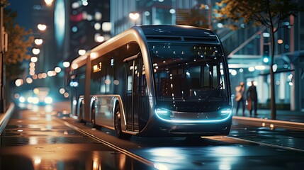 In a digital rendering, an autonomous electric bus effortlessly drives along the street, exemplifying the innovative advancements in smart vehicle technology. 