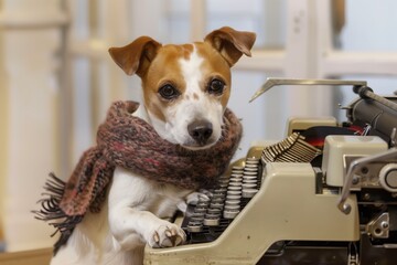 terrier with a scarf typing on a vintage typewriter