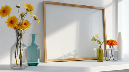 A mockup of an empty light wood picture frame sitting on a white shelf, surrounded by colorful vases and dainty wild flowers in a minimalistic style with neutral tones - obrazy, fototapety, plakaty