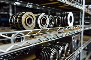 stack of varioussized bearings on metal shelves