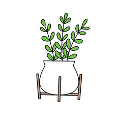 Fototapeta premium A white vase with a green plant in it. The plant is in a pot and is sitting on a wooden stand