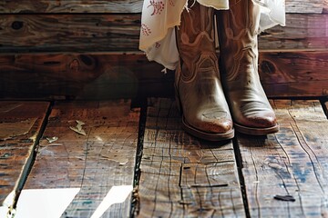 pair of womans leather boots on a rustic wooden floor, sunlight streaming in