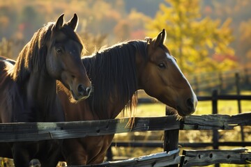 horse couple standing near a split rail fence, sunlight dappling their coats