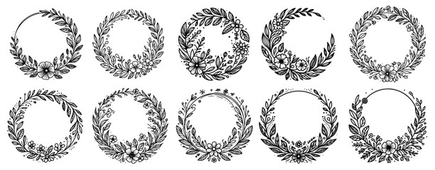 round floral wreaths in black vector illustration laser cutting engraving