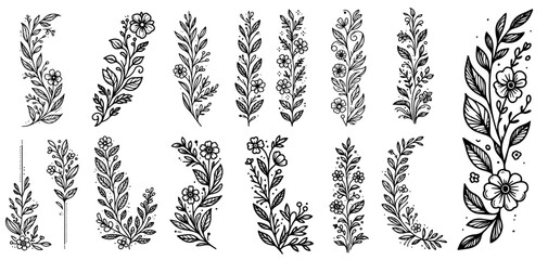 hand-drawn flowers vector illustration silhouette for laser cutting cnc, engraving, decorative clipart, black shape outline