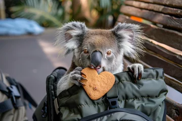 Fototapeten koala peeking out of a backpack, gripping a heartshaped cookie © Alfazet Chronicles