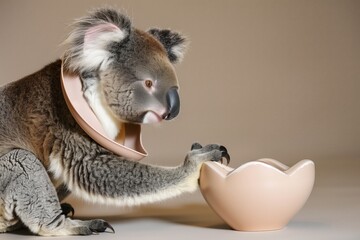 koala wearing a bib, paw touching a heartshaped feeding bowl