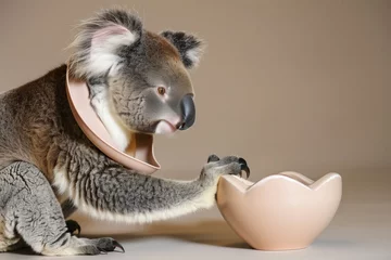 Foto op Plexiglas koala wearing a bib, paw touching a heartshaped feeding bowl © Alfazet Chronicles