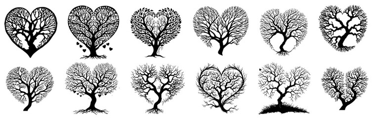 heart-shaped trees vector shapes ornament made from branches in black vector laser cutting engraving