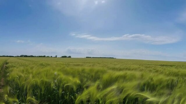 A field of tall green grass with a clear blue sky in the background 4K motion