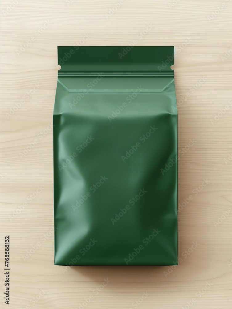 Wall mural Green aluminum foil bag on wooden background Blank snack pack mockup 3d rendering illustration